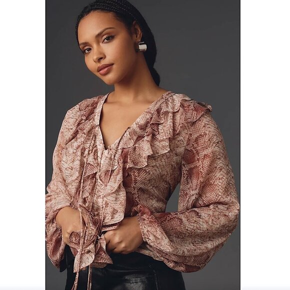 ANTHROPOLOGIE Long Sleeve Ruffled Snakeskin Print Blouse Brown - Picture 3 of 14